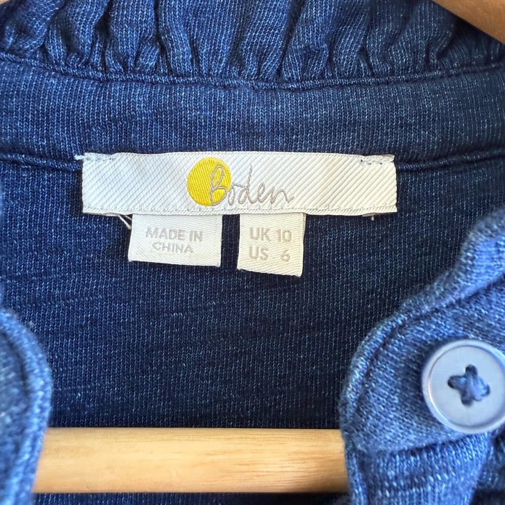 Boden Navy Ruffled Front Button 100% Cotton Blouse US 6 (Small) - Picture 4 of 5